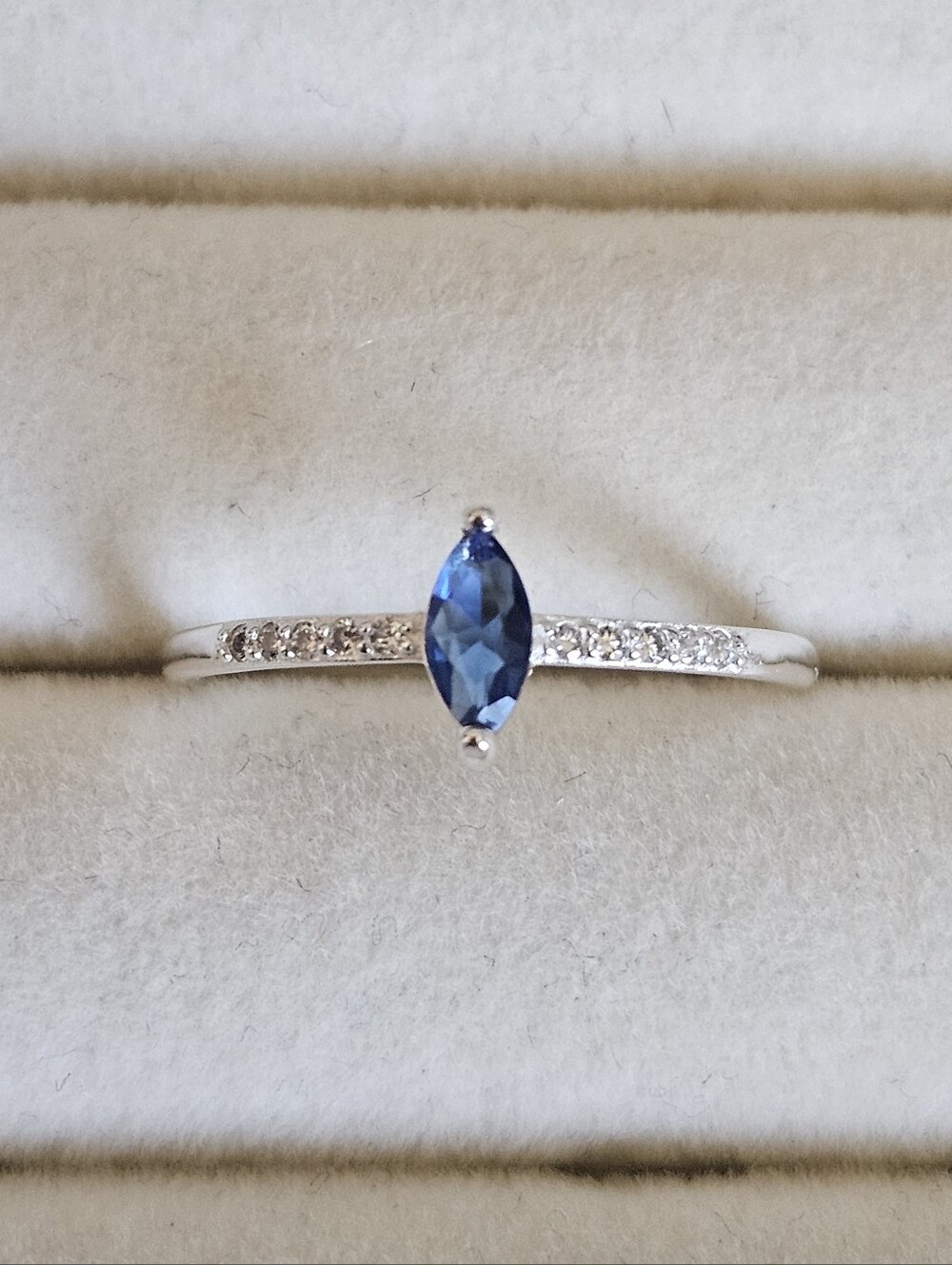 925 Sterling Silver Dainty Blue Marquise CZ Pavé Accent Ring